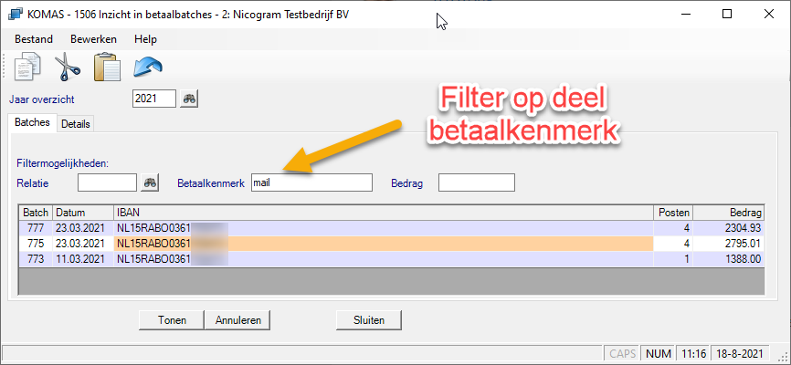 Filter op (deel van) betaalkenmerk